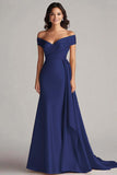 Champagne Off the Shoulder Mermaid Satin Maxi Formal Dress with Drape