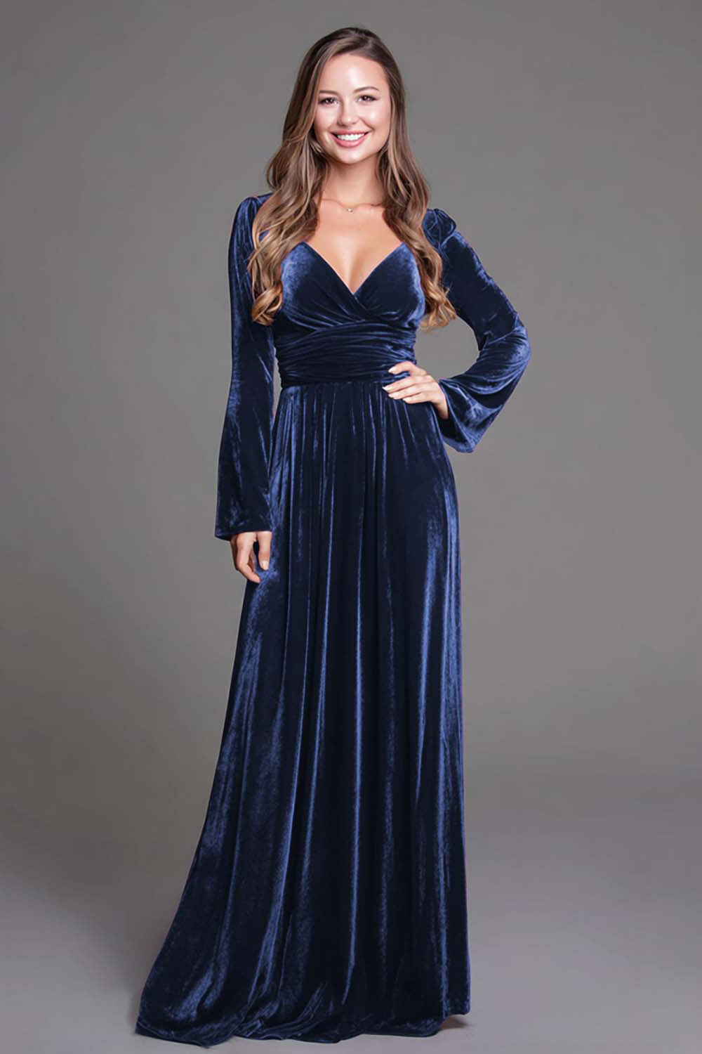 Dark Green Velvet A Line V-Neck Long Holiday Party Dress with Sleeves