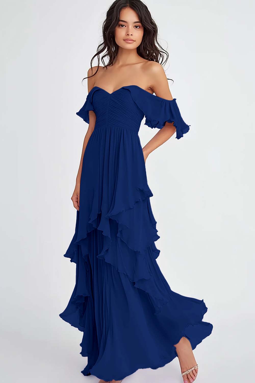 Lilac Off the Shoulder Ruffled Flowy A Line Maxi Formal Dress