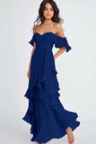 Lilac Off the Shoulder Ruffled Flowy A Line Maxi Formal Dress
