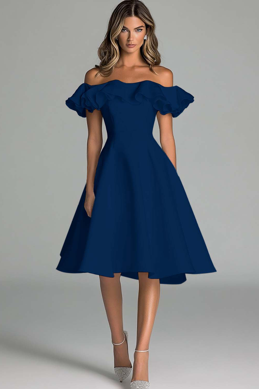 White A Line Satin Off the Shoulder Midi Graduation Dress with Ruffles