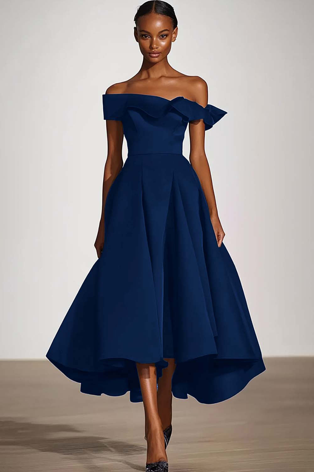 Black Off the Shoulder A Line Ruffled Tea-Length Formal Dress