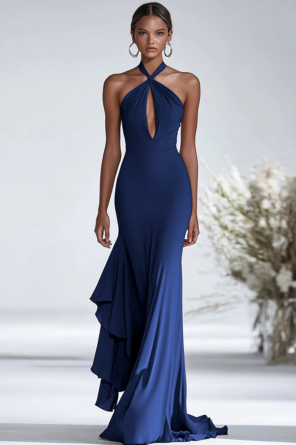 Terracotta Sheath Halter Chiffon Keyhole Long Formal Dress with Ruffles
