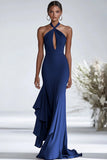 Terracotta Sheath Halter Chiffon Keyhole Long Formal Dress with Ruffles