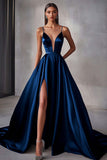 Navy A Line Satin V-Neck Spaghetti Straps Maxi Prom Dress with Slit