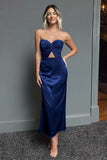 Dark Navy Sweetheart Sheath Satin Maxi Formal Dress