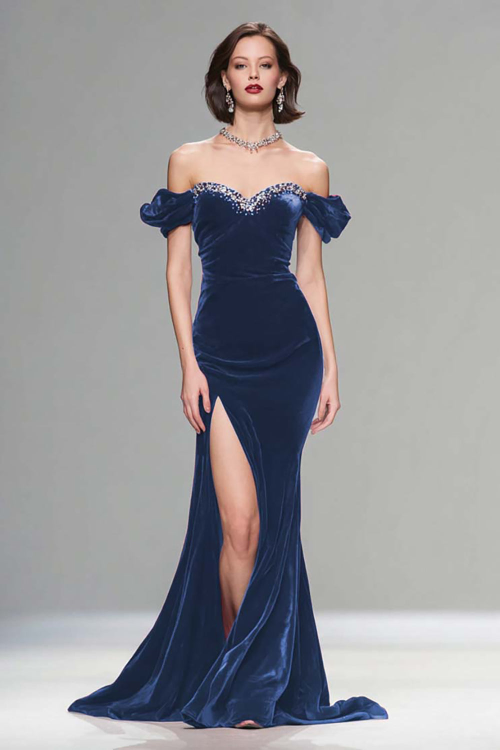 Burgundy Velvet Mermaid Long Holiday Party Dress with Beading