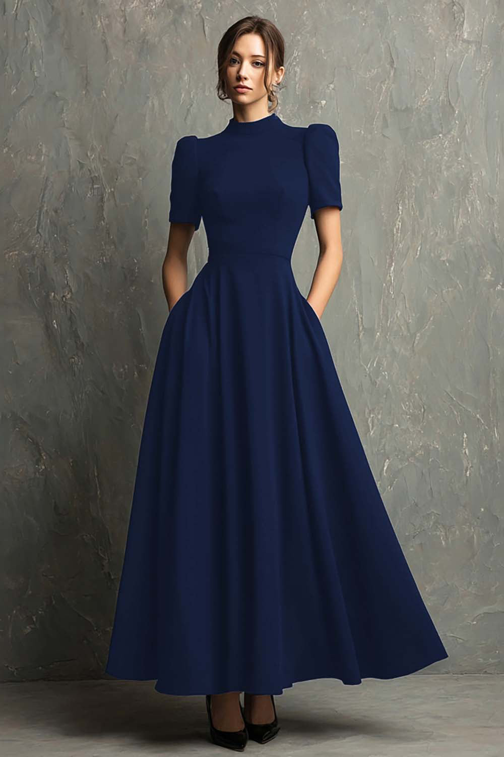 Black Short Sleeves High Neck A-Line Long Formal Dress with Pockets