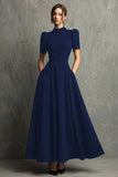 Black Short Sleeves High Neck A-Line Long Formal Dress with Pockets