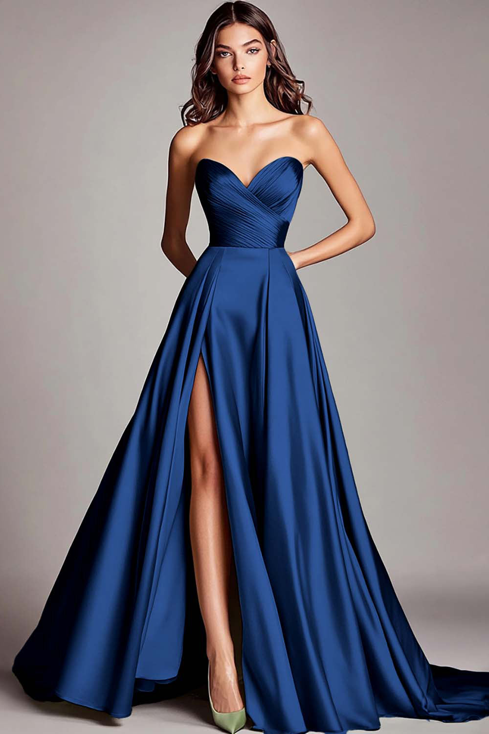 A Line Dusty Sage Sweetheart Strapless Maxi Prom Dress with Slit