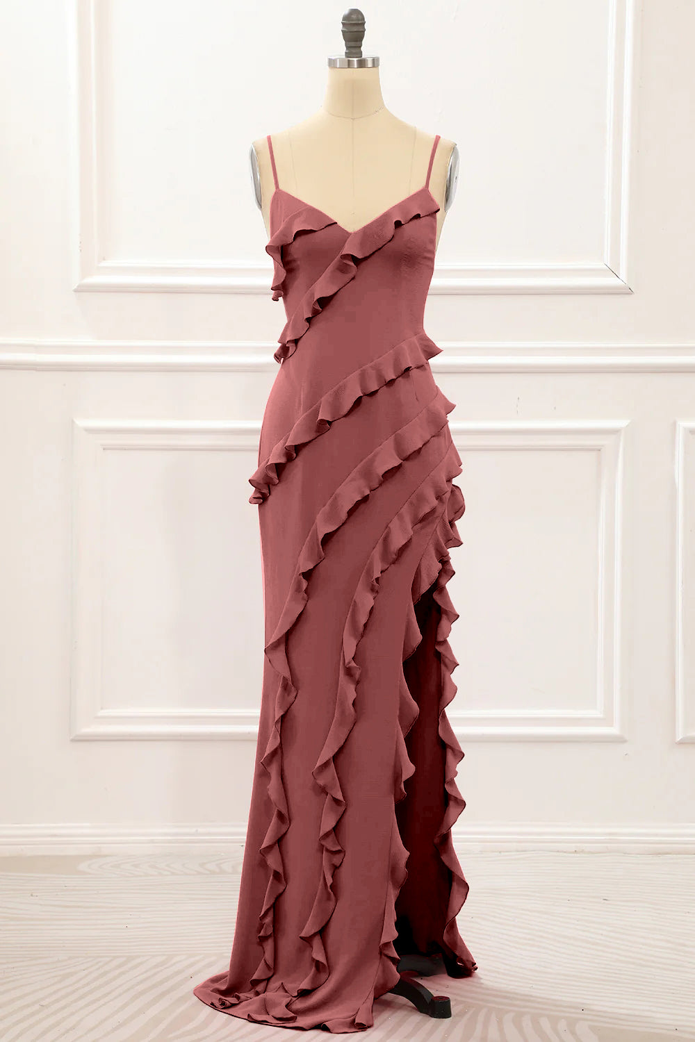 Cabernet Sheath Spaghetti Straps Long Bridesmaid Dress with Ruffles