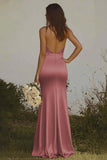 Elegant Dusty Rose Halter Sheath Maxi Satin Bridesmaid Dress