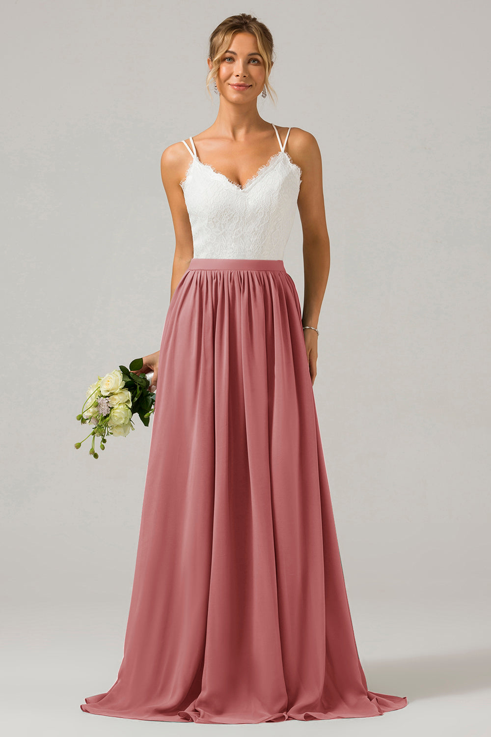Cabernet A-Line Spaghetti Straps Pleated Long Bridesmaid Dress With Lace