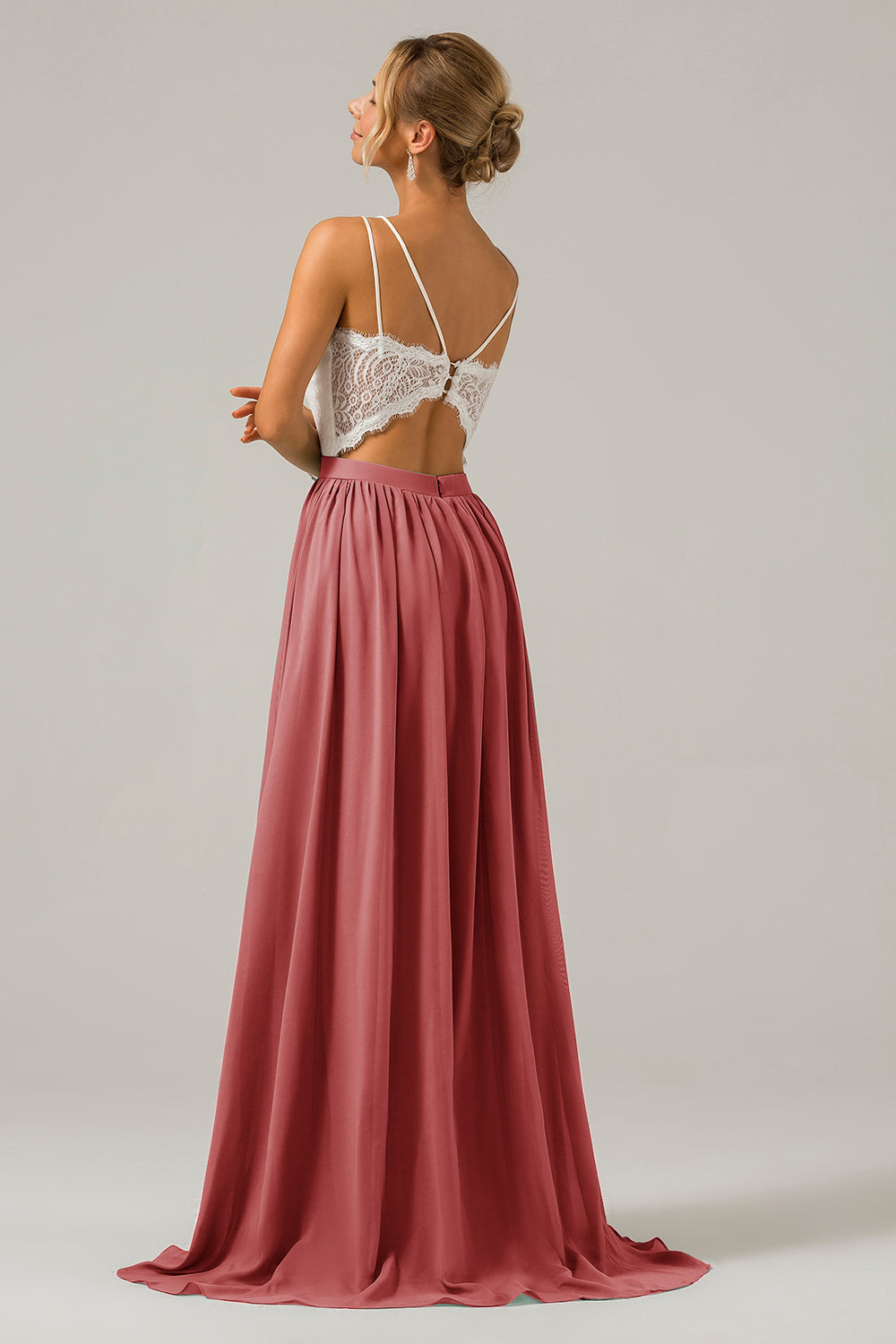 Cabernet A-Line Spaghetti Straps Pleated Long Bridesmaid Dress With Lace