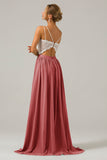 Cabernet A-Line Spaghetti Straps Pleated Long Bridesmaid Dress With Lace