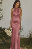 Elegant Dusty Rose Halter Sheath Maxi Satin Bridesmaid Dress