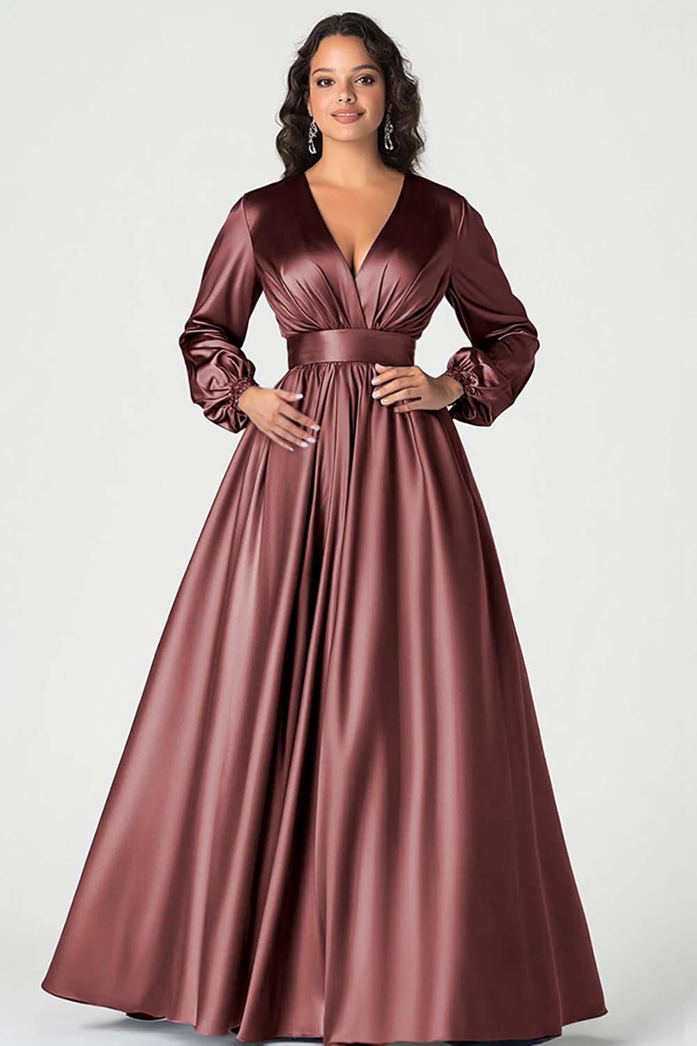 Dark Green A-Line Satin Mother of the Bride Dress with Long Sleeves