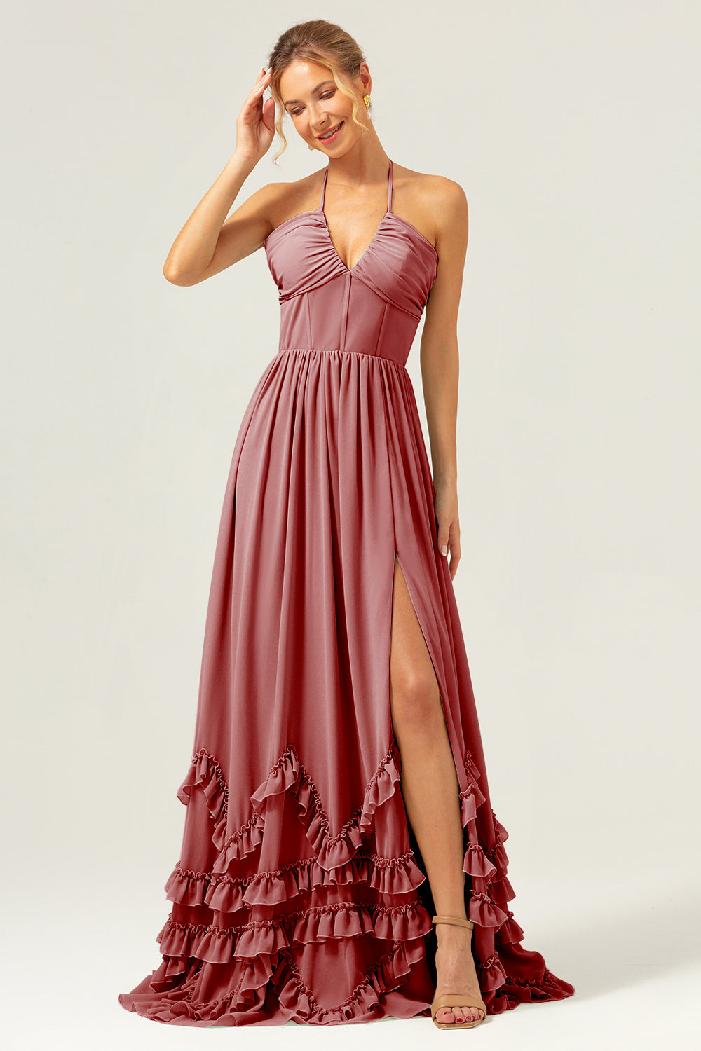 Blue Ruffled Halter Corset Chiffon Bridesmaid Dress with Slit
