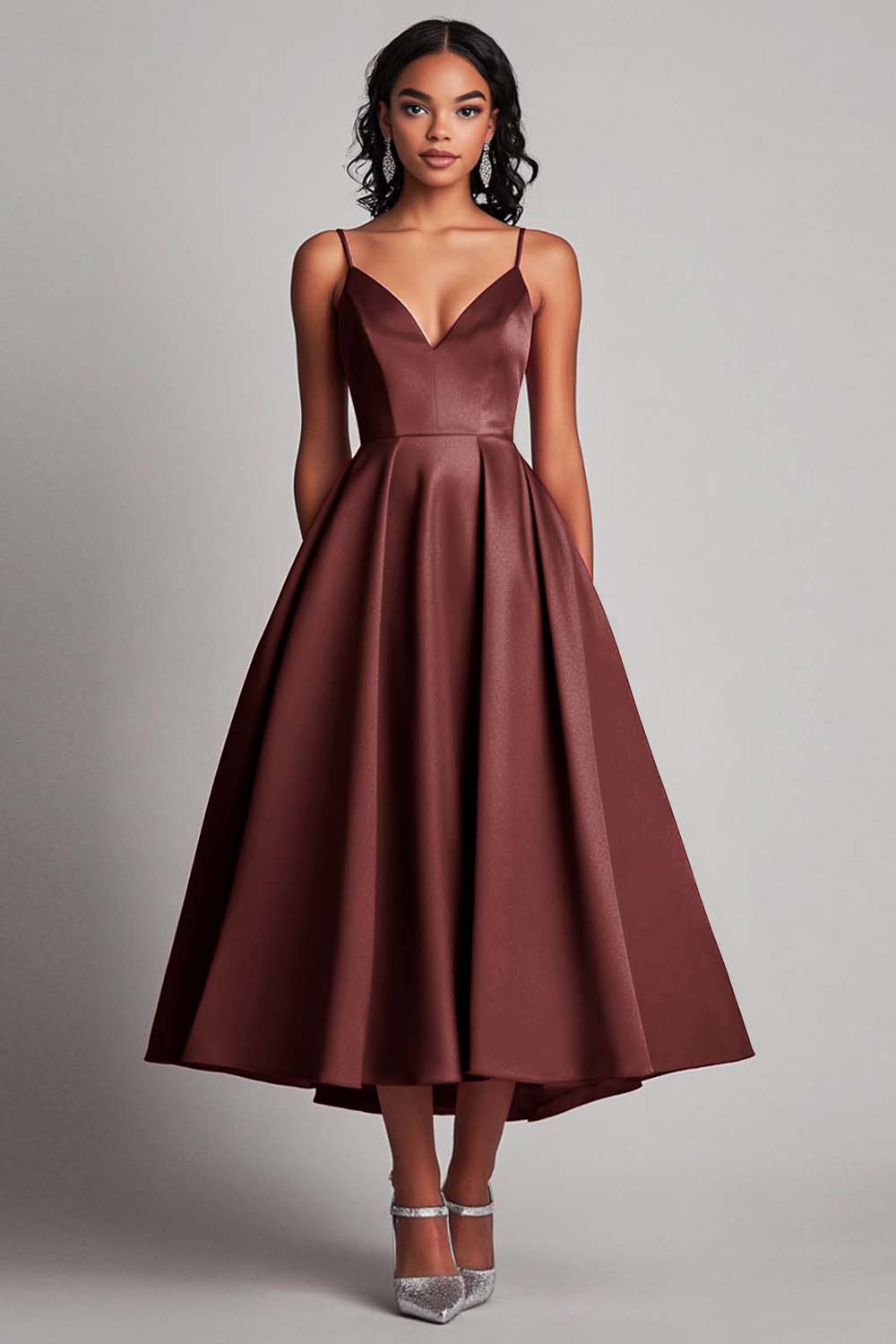 Champagne Satin A-Line V Neck Tea Length Formal Dress