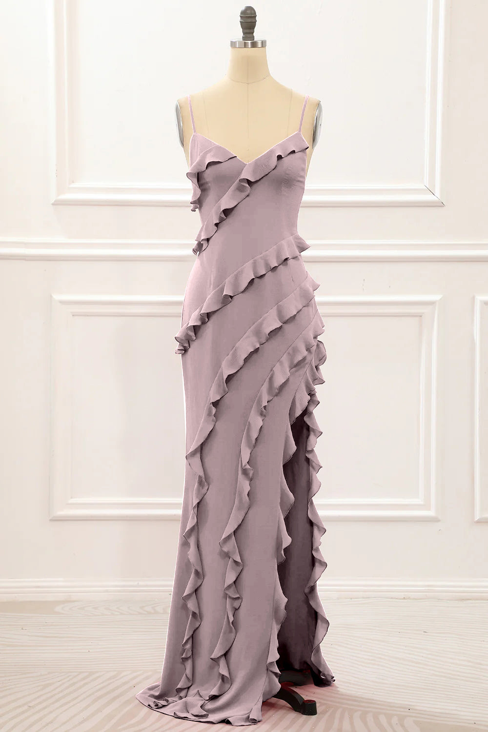 Cabernet Sheath Spaghetti Straps Long Bridesmaid Dress with Ruffles