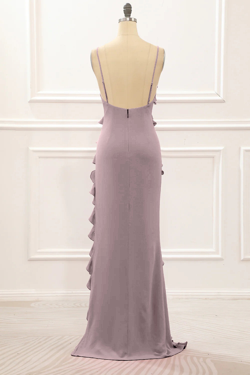 Cabernet Sheath Spaghetti Straps Long Bridesmaid Dress with Ruffles