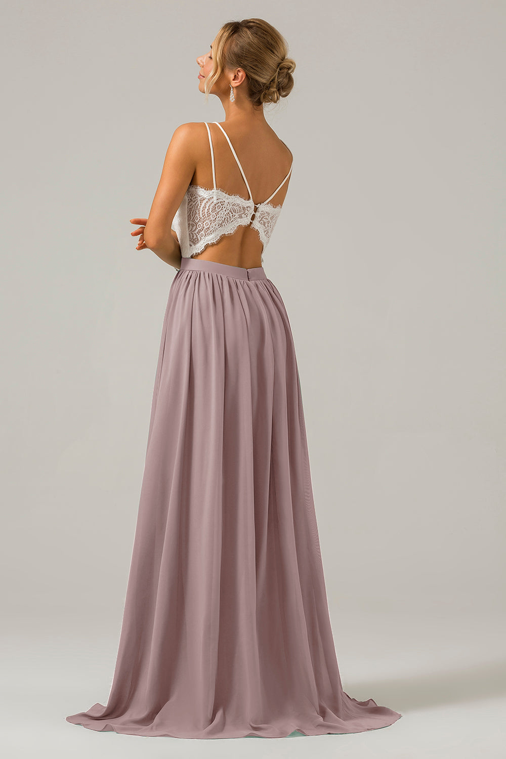 Dusk A-Line Spaghetti Straps Pleated Long Bridesmaid Dress With Lace