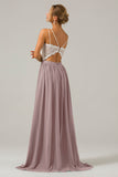 Dusk A-Line Spaghetti Straps Pleated Long Bridesmaid Dress With Lace