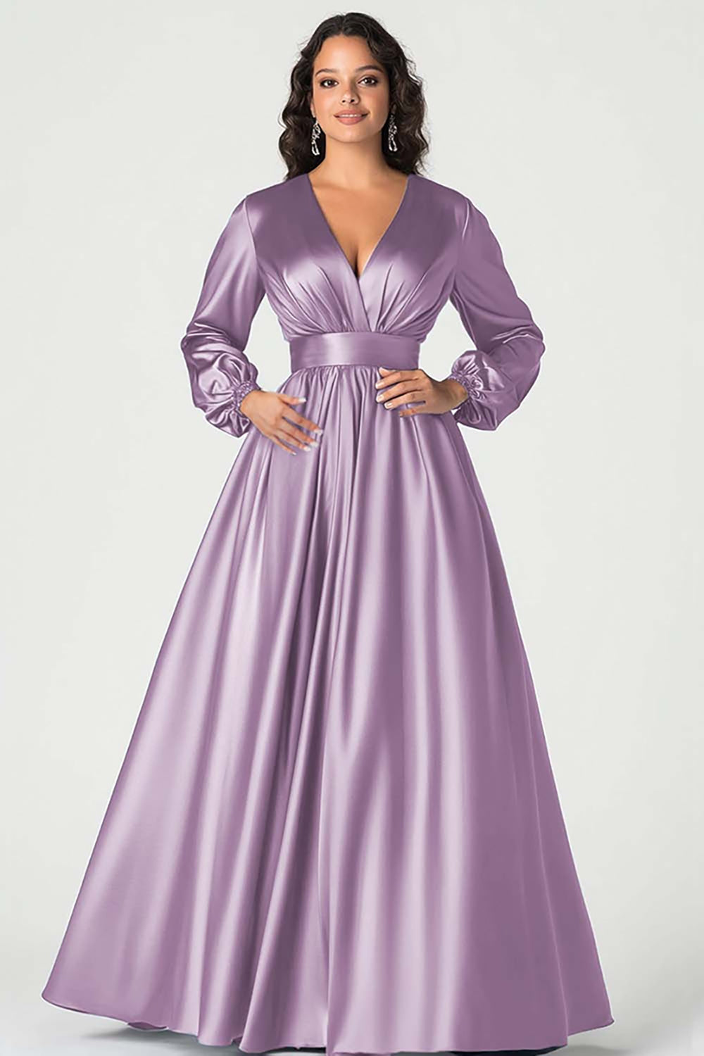 Dark Green A-Line Satin Mother of the Bride Dress with Long Sleeves