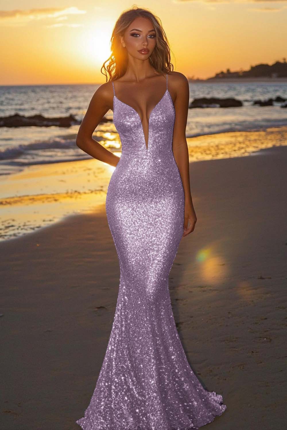 Sparkly Dusk Mermaid Spaghetti Straps Sequined Formal Dress