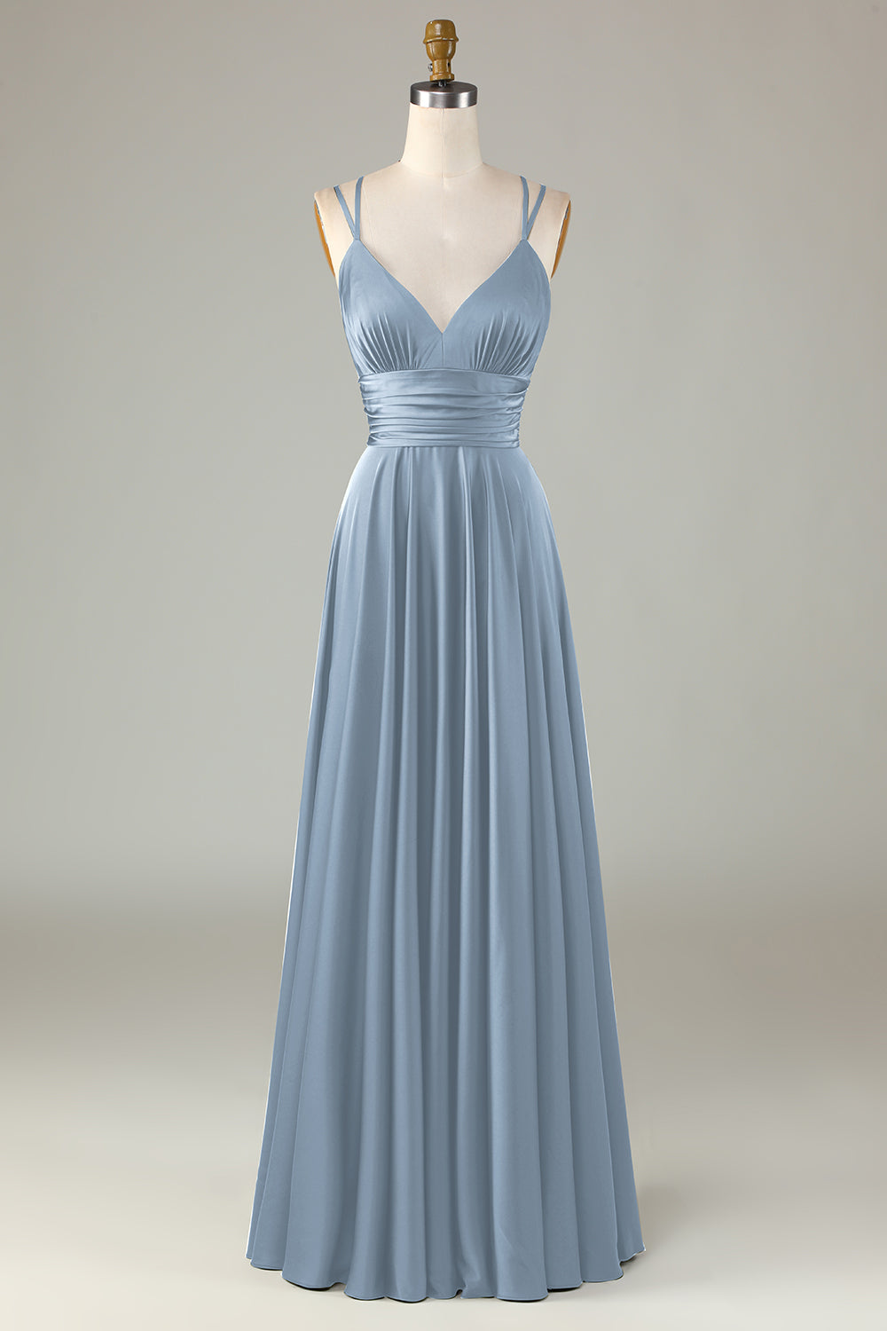 Leely Women Dusty Blue Maxi Bridesmaid Dress A-Line Sleeveless Wedding Guest Dress