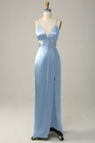 Dark Green Spaghetti Straps Cut Out Long Bridesmaid Dress with Slit