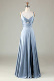 Keyhole Spaghetti Straps Matcha Bridesmaid Dress with Slit