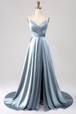 Dusty Blue A Line Spaghetti Straps Satin Prom Dress with Slit