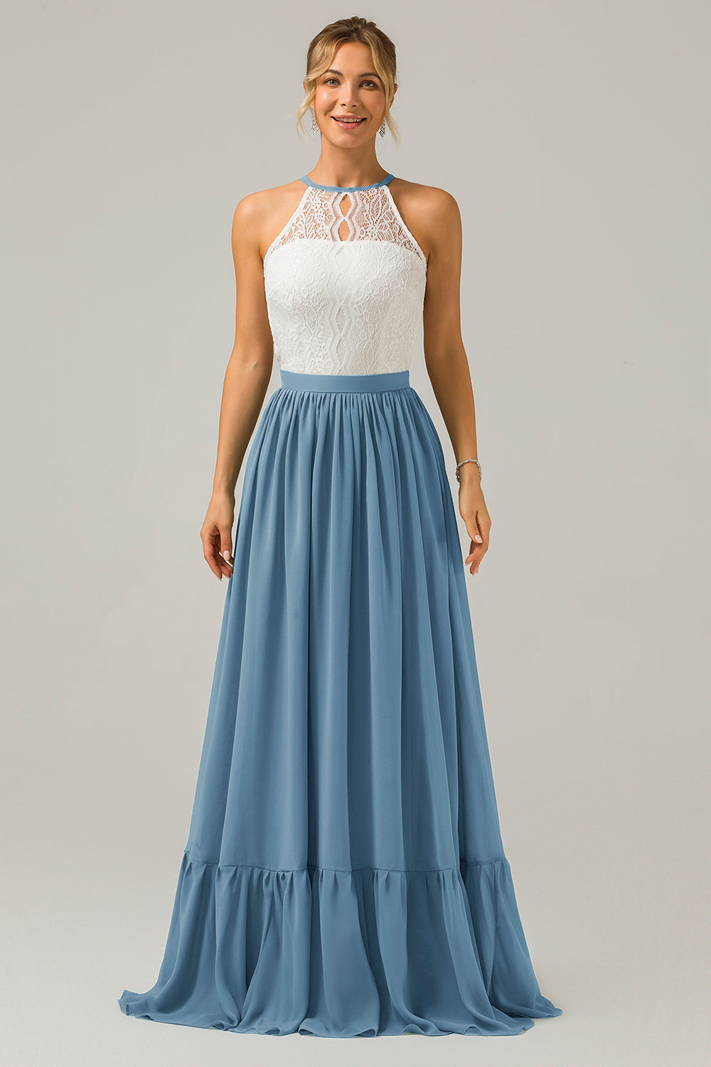 Dusk A-Line Halter Pleated Keyhole Chiffon Bridesmaid Dress With Lace