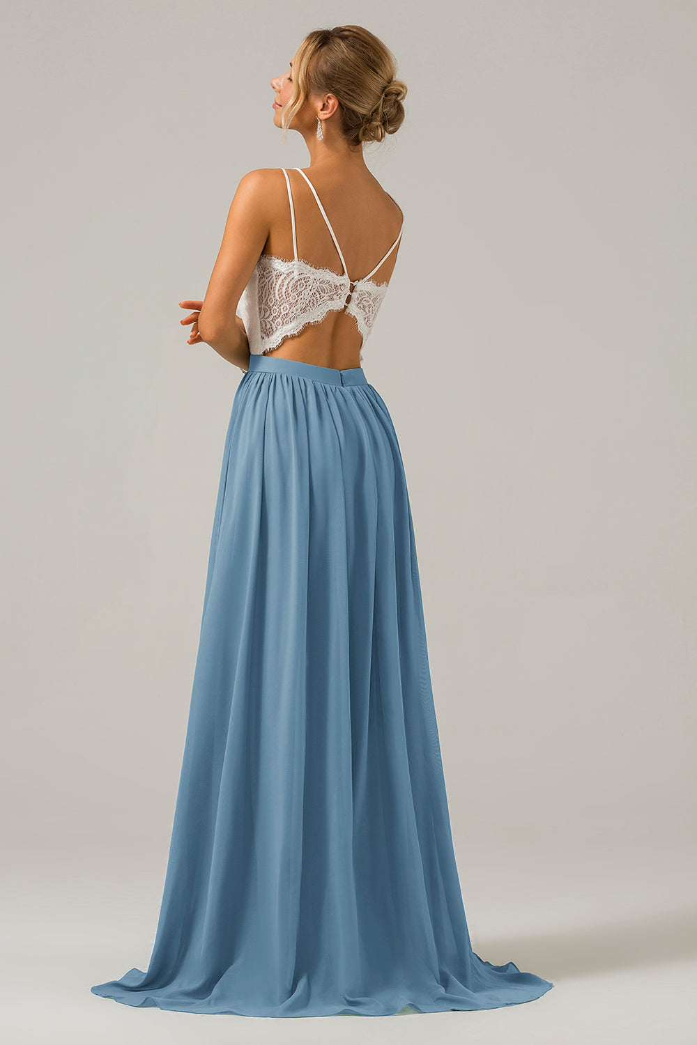 Dusk A-Line Spaghetti Straps Pleated Long Bridesmaid Dress With Lace