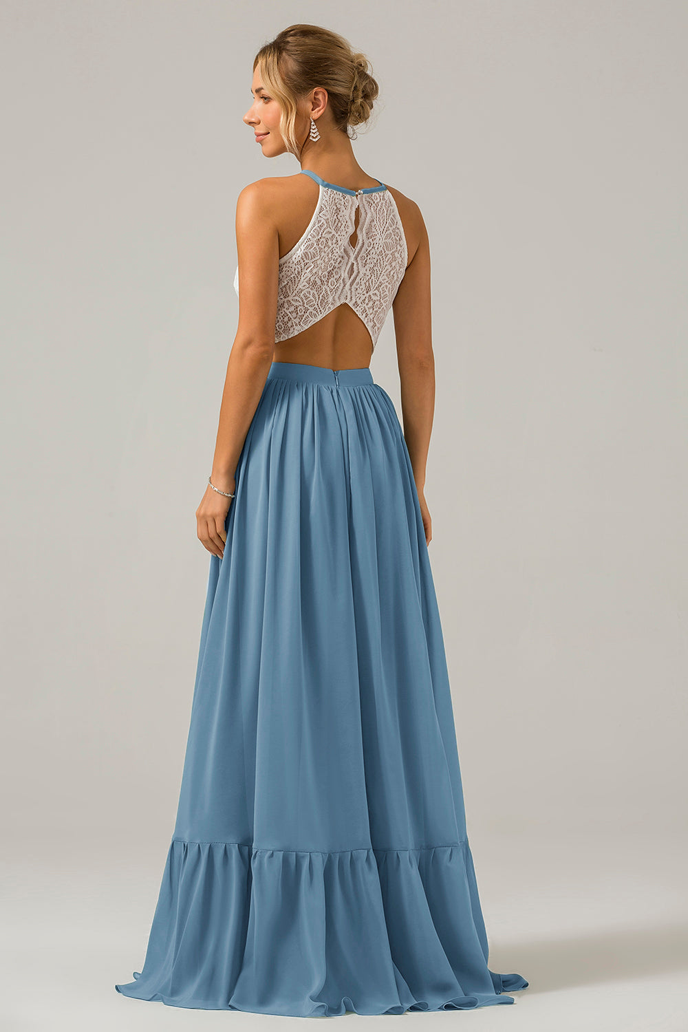 Dusk A-Line Halter Pleated Keyhole Chiffon Bridesmaid Dress With Lace