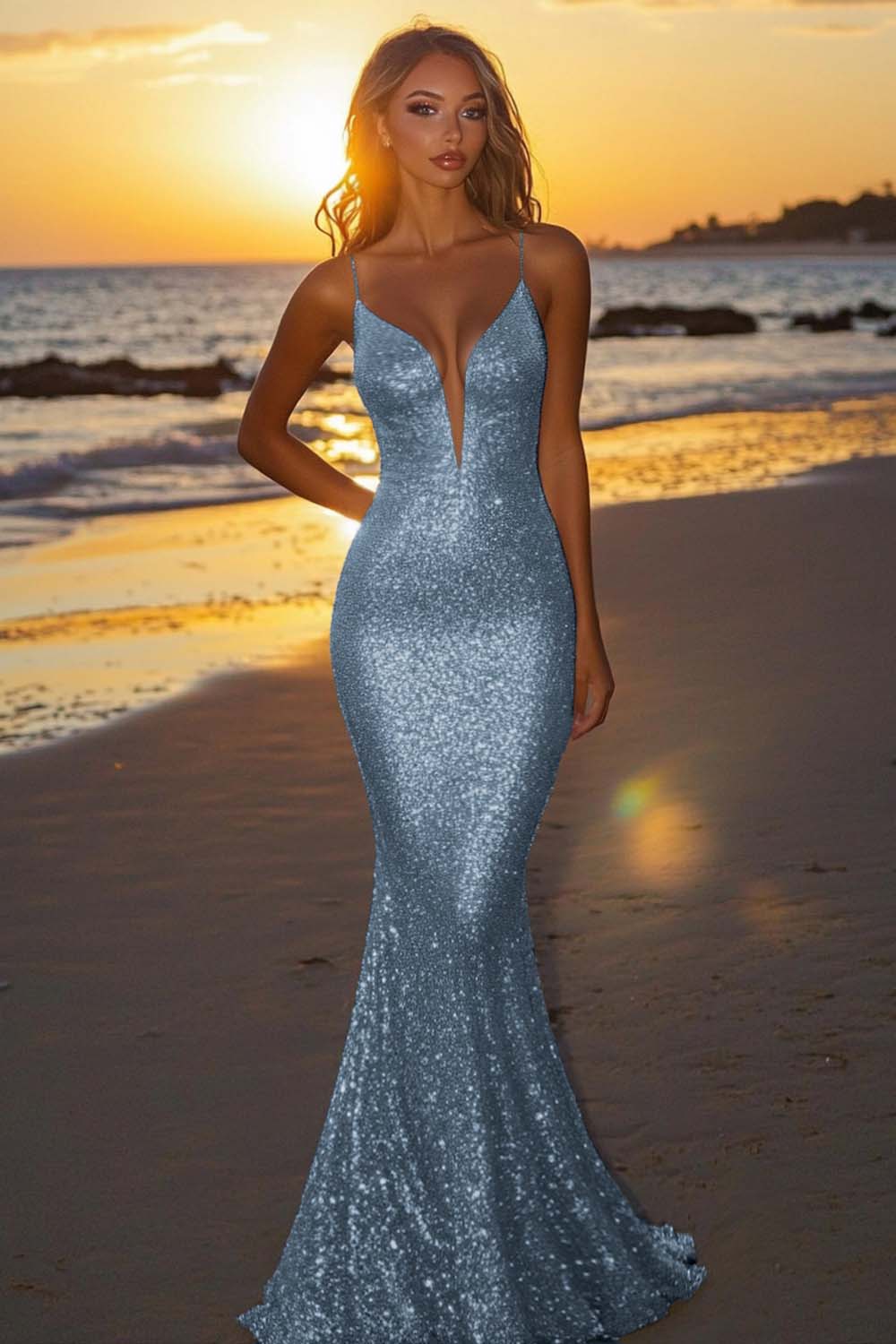Sparkly Dusk Mermaid Spaghetti Straps Sequined Formal Dress