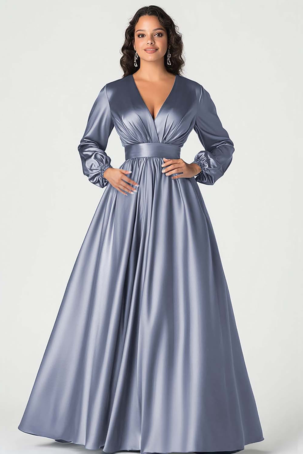 Dark Green A-Line Satin Mother of the Bride Dress with Long Sleeves