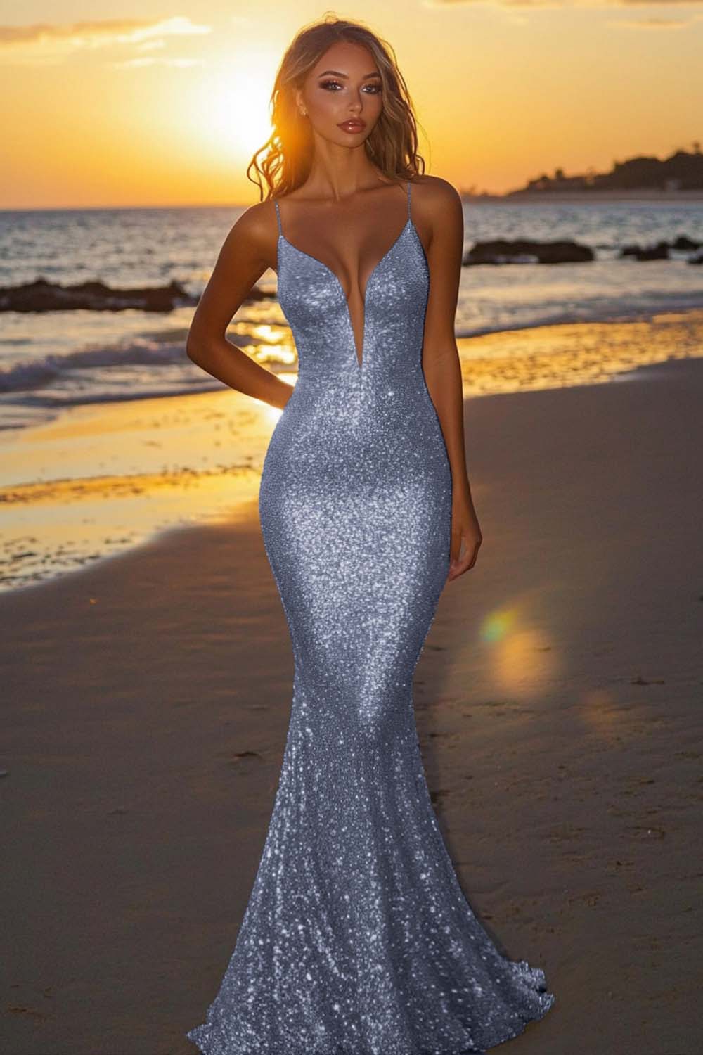Sparkly Dusk Mermaid Spaghetti Straps Sequined Formal Dress
