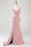 Dusty Rose Mermaid Spaghetti Straps Long Prom Dress With Slit