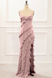 Dusty Rose Sheath Spaghetti Straps Long Bridesmaid Dress with Ruffles