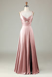 Keyhole Spaghetti Straps Matcha Bridesmaid Dress with Slit