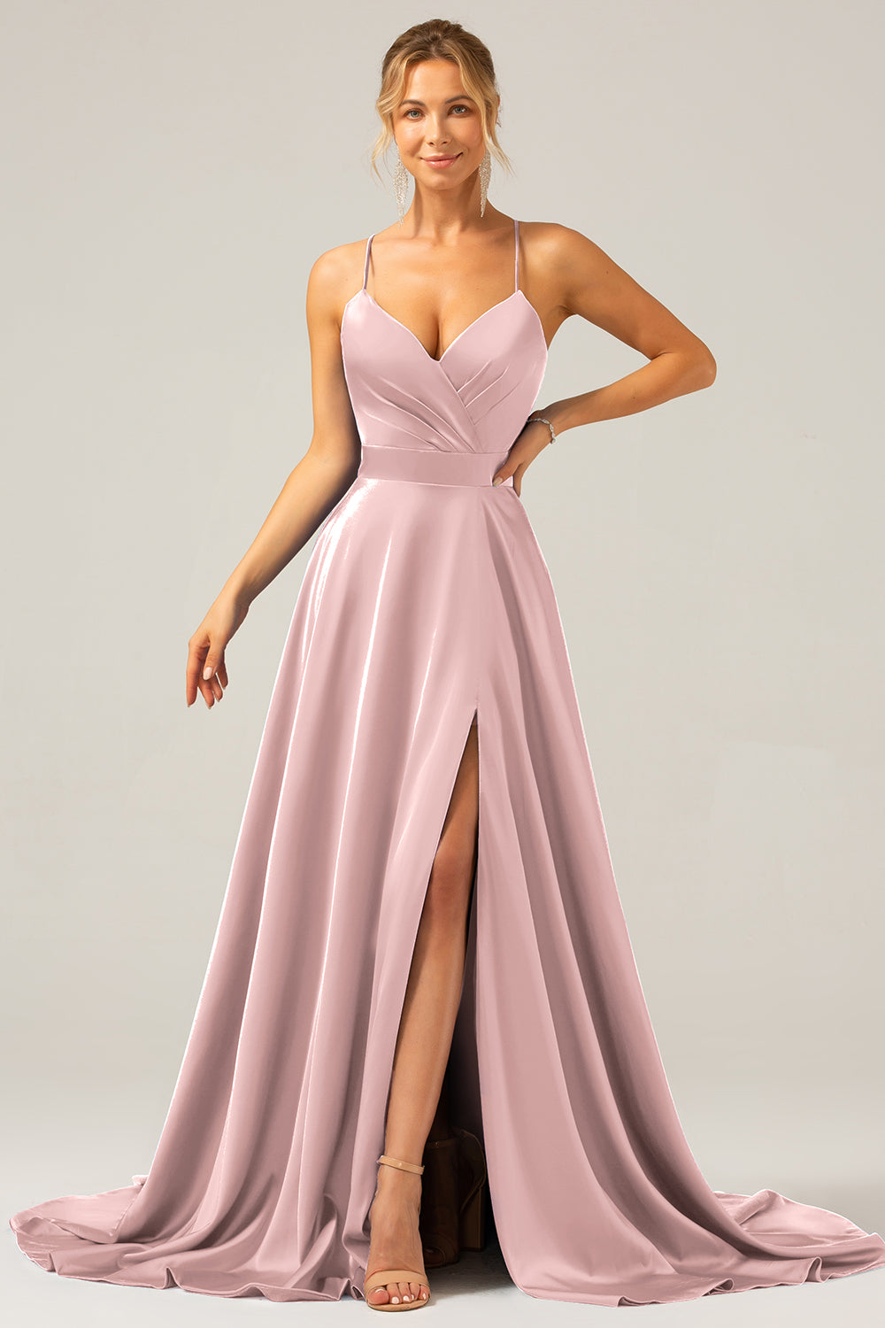 A Line Satin Dusty Blue Spaghetti Straps Prom Dress with Slit