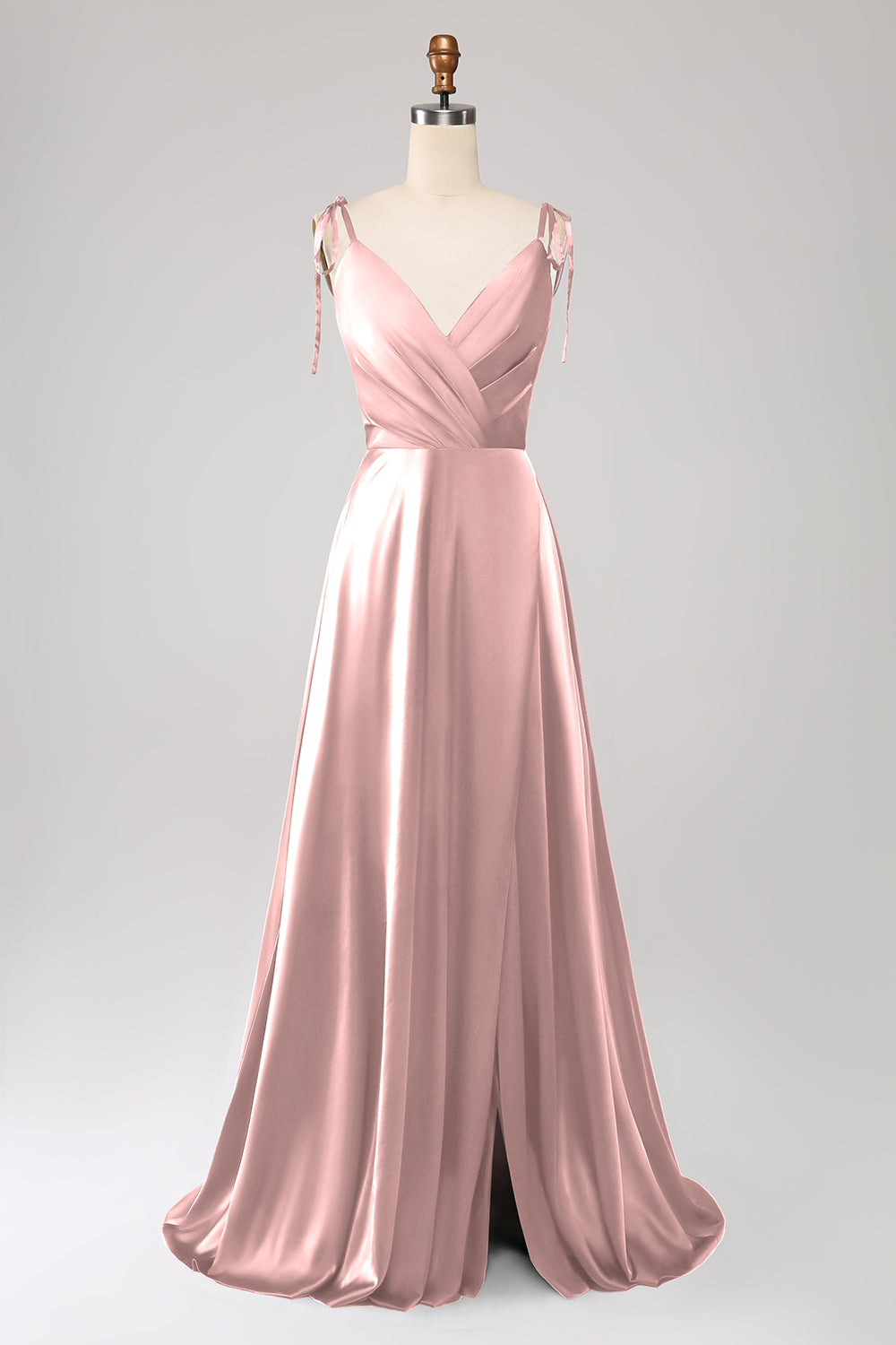 Dusty Rose A-Line Spaghetti Straps Satin Long Prom Dress With Slit