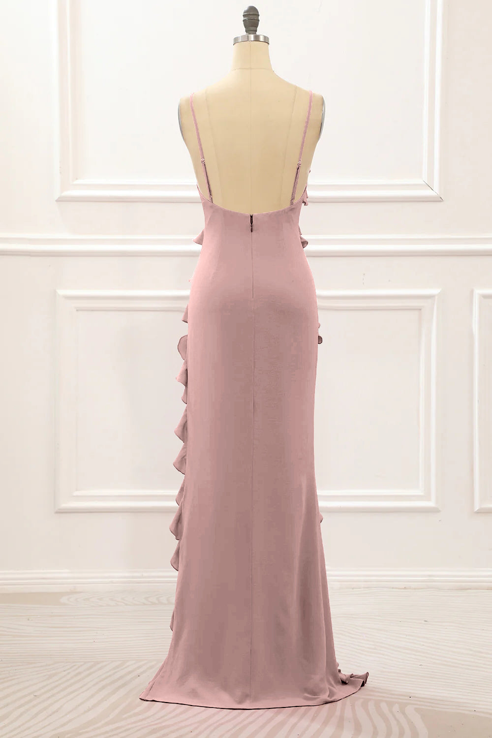 Dusty Rose Sheath Spaghetti Straps Long Bridesmaid Dress with Ruffles
