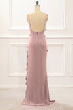 Dusty Rose Sheath Spaghetti Straps Long Bridesmaid Dress with Ruffles