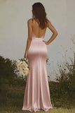 Elegant Dusty Rose Halter Sheath Maxi Satin Bridesmaid Dress