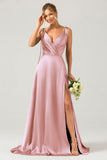 Dusty Rose A-Line Spaghetti Straps Satin Long Bridesmaid Dress With Slit