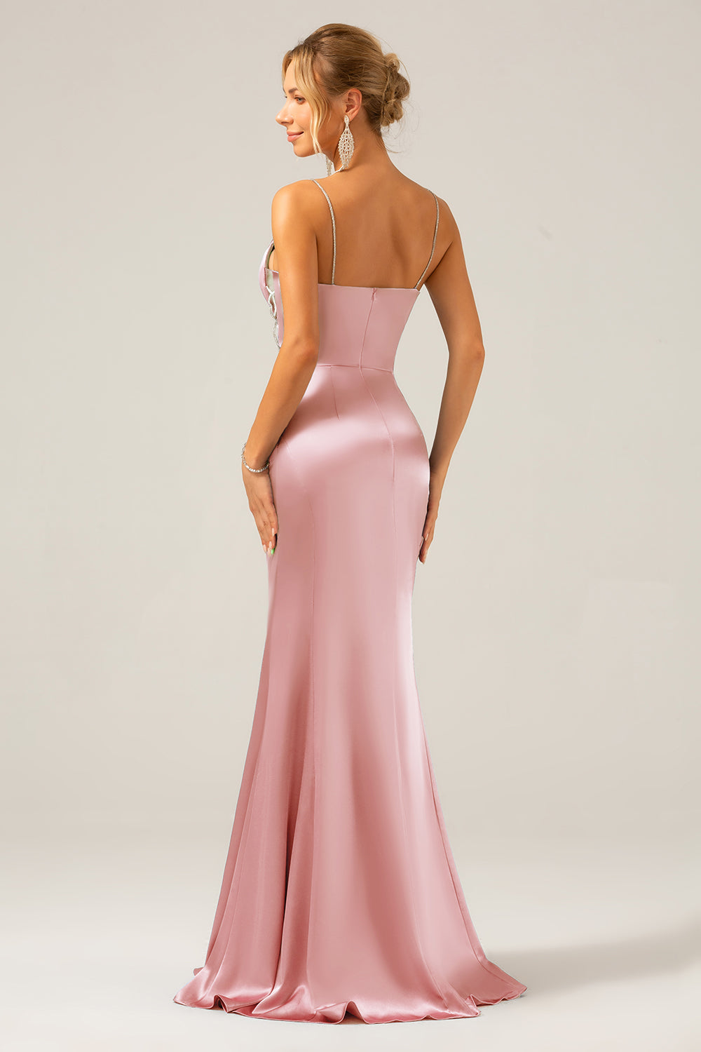 Dusty Blue Mermaid Satin Spaghetti Straps Long Bridesmaid Dress