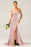 Dusty Rose Long Sheath Spaghetti Straps Bridesmaid Dress With Slit